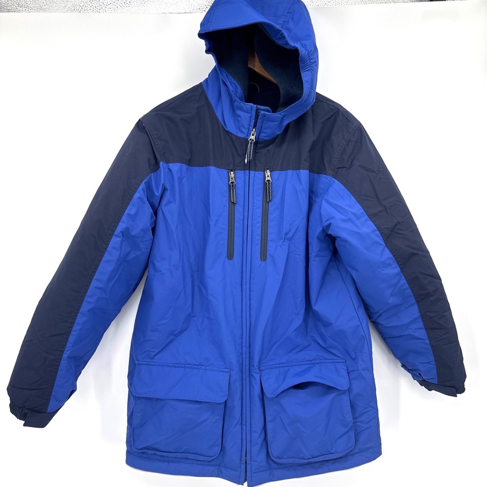Lands End Kids Parka Coat Boys XL 18-20 Blue Hooded Fleece Lined Insulated